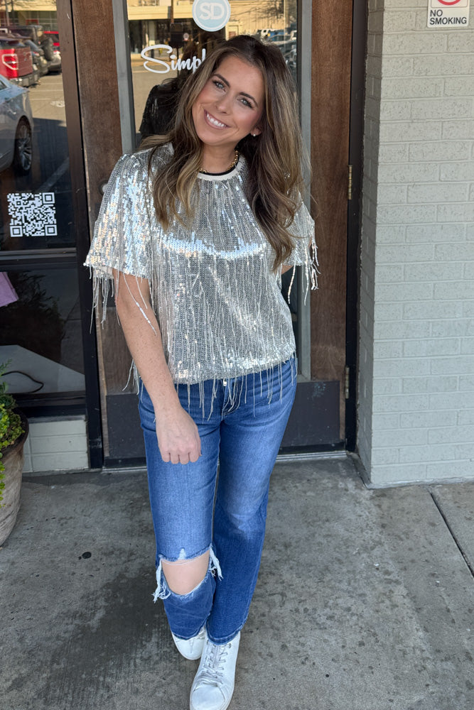 THML - Sequin Dangling-Fringe Top-Beige