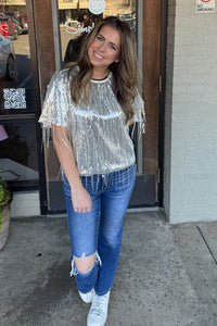 THML - Sequin Dangling-Fringe Top-Beige