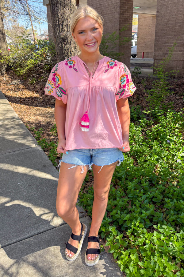 THML Embroidered Top Pink With Tassel