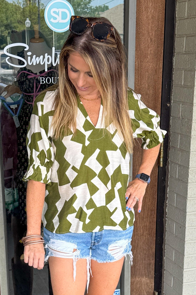 THML Olive Geomtric Blouse Untucked