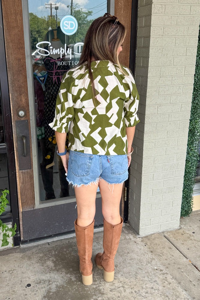 THML Olive Geomtric Blouse Back