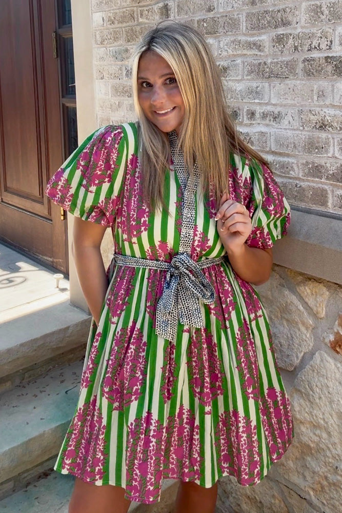THML Tie Waist Puff Sleeve Print Dress