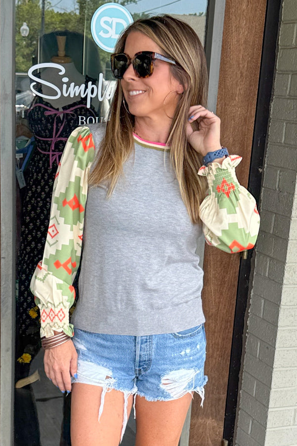 THML Geometric Print Sleeve Top Close