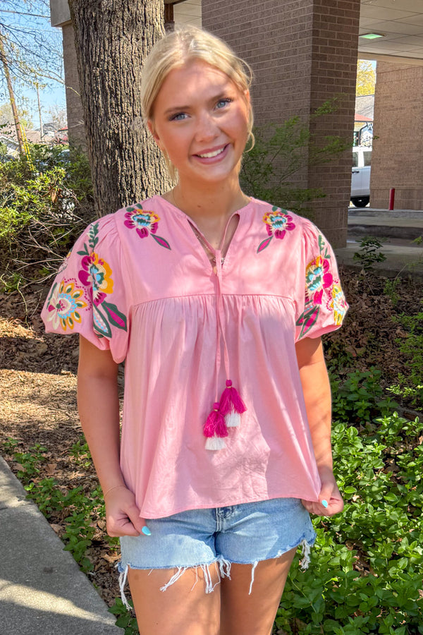 THML Embroidered Top Pink  Close