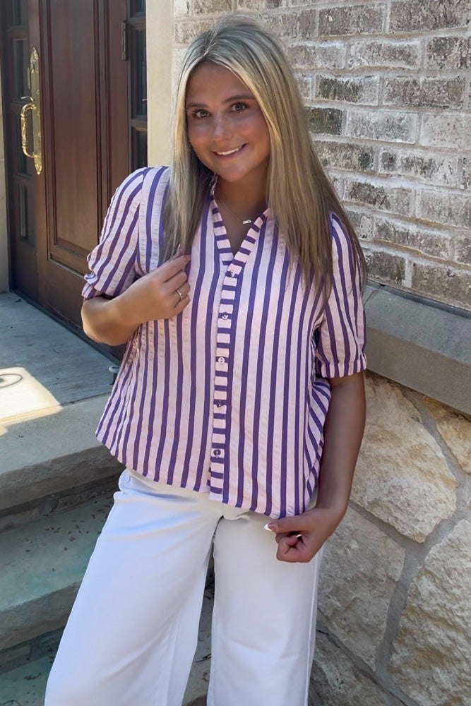 THML - Short Sleeve Striped Button Down Top-Purple