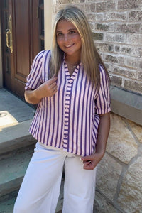 THML - Short Sleeve Striped Button Down Top-Purple