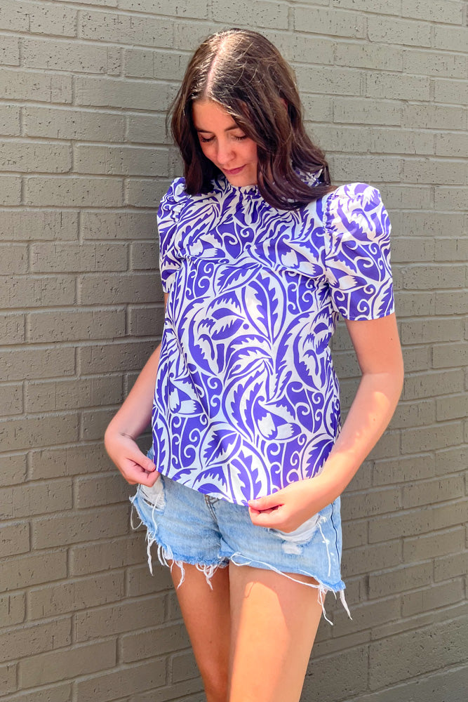 THML - Short Sleeve Poplin Print Top-Purple | Simply Dixie Boutique