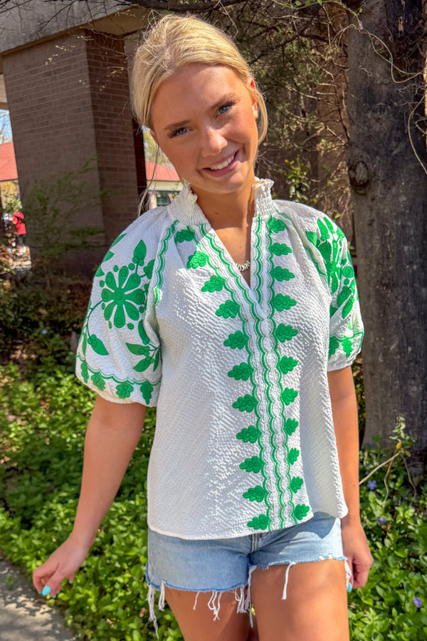THML White top with Green Embroidery