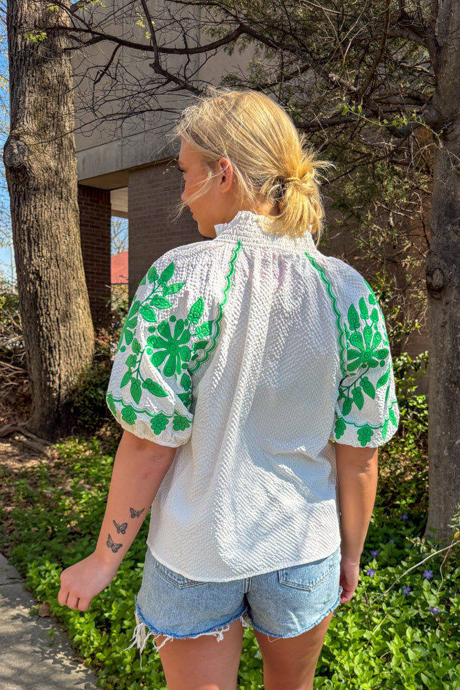 THML White top with Green Embroidery Back