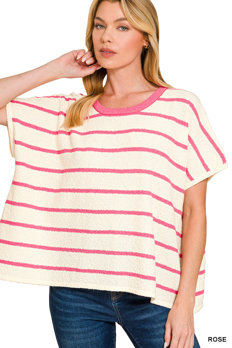 Striped Oversized Sweater Top-Pink/Cream