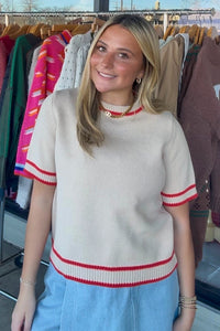 Wishlist Tan Sweater With Poppy Trim Short Sleeve | Simply Dixie