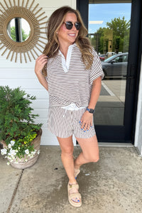 Tan Striped Zenana Shorts Set with collar