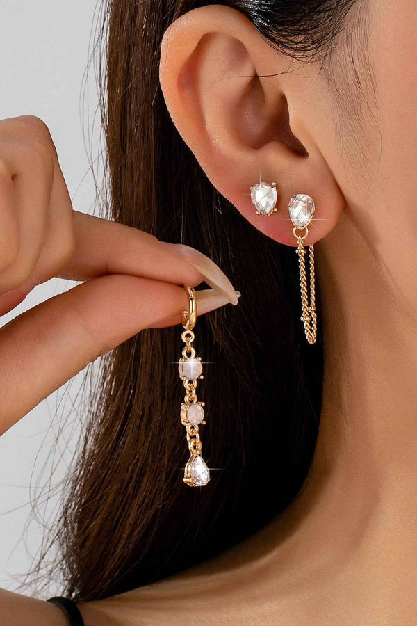 Crystal Stud & Linear Opal Drop Trio Earring Set-Gold
