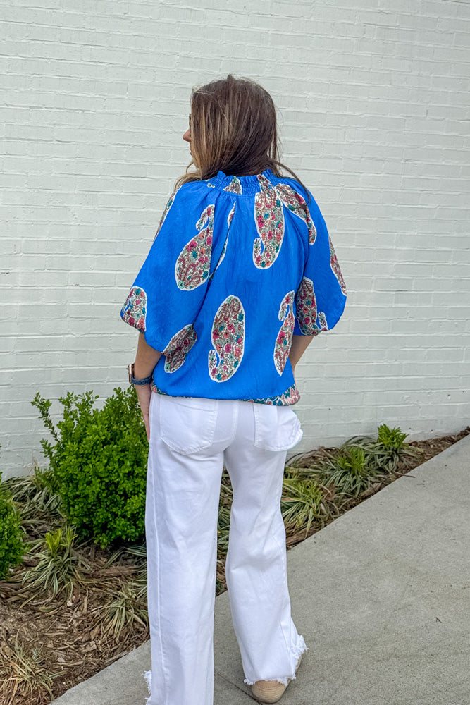 Back view of Paisley Print Puff Sleeve cerulean top by Umgee