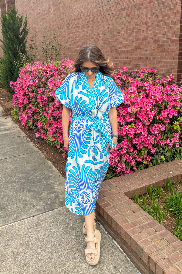 Seaside Walks midi dress in Paraiba by Umgee – white with blue design and belted waist tie