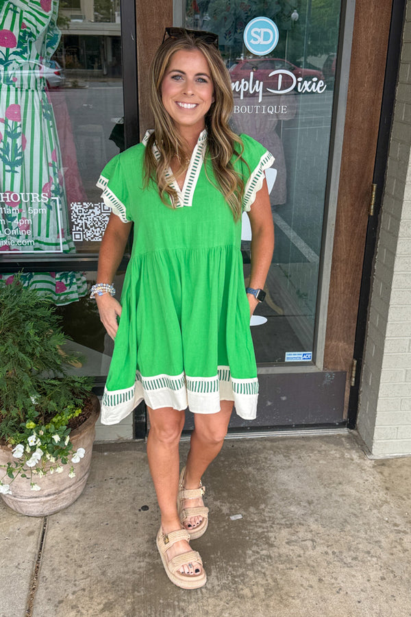 Umgee Green Flash White Trim Dress