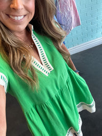 Umgee Green Flash White Trim Dress Close Up