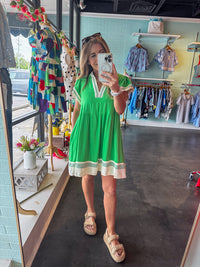 Umgee Green Flash White Trim Dress Mirror Selfie