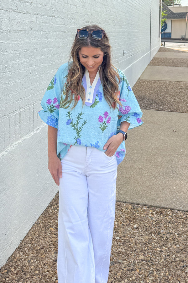 Umgee Blue Floral Top With COntrast Trim