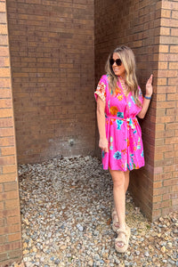 Spring Strolls belted dress in peony pink by Umgee with floral print and waist tie belt