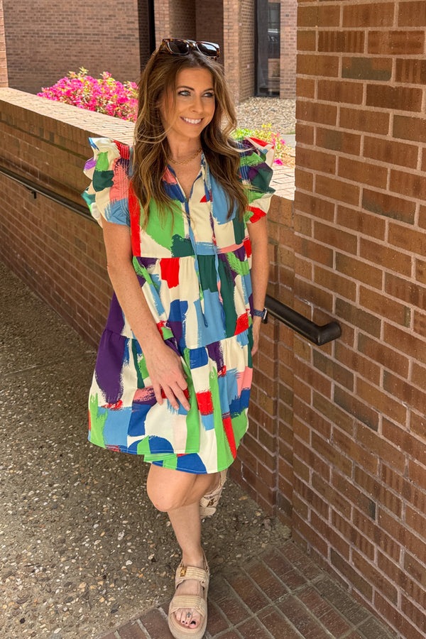 Umgee Multi Colored Flutter Sleeve Dress