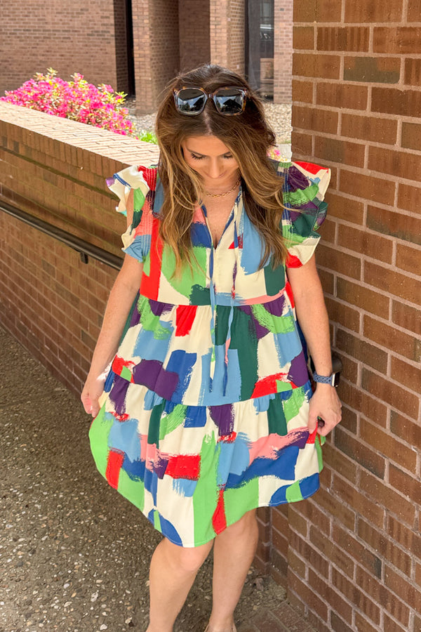Umgee Multi Colored Flutter Sleeve Dress - flowy dresses
