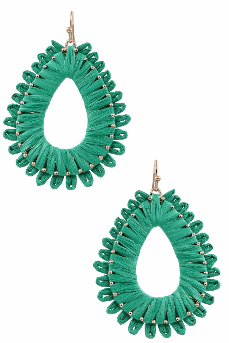 Paper Rafia Teardrop Dangle Earrings-Green