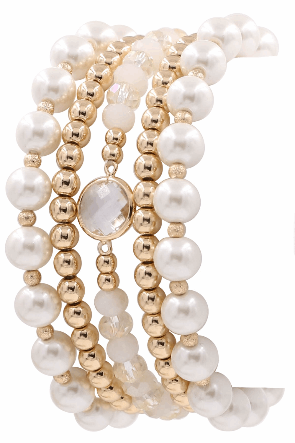 Cream Pearl Stretch Bracelet Set-Gold
