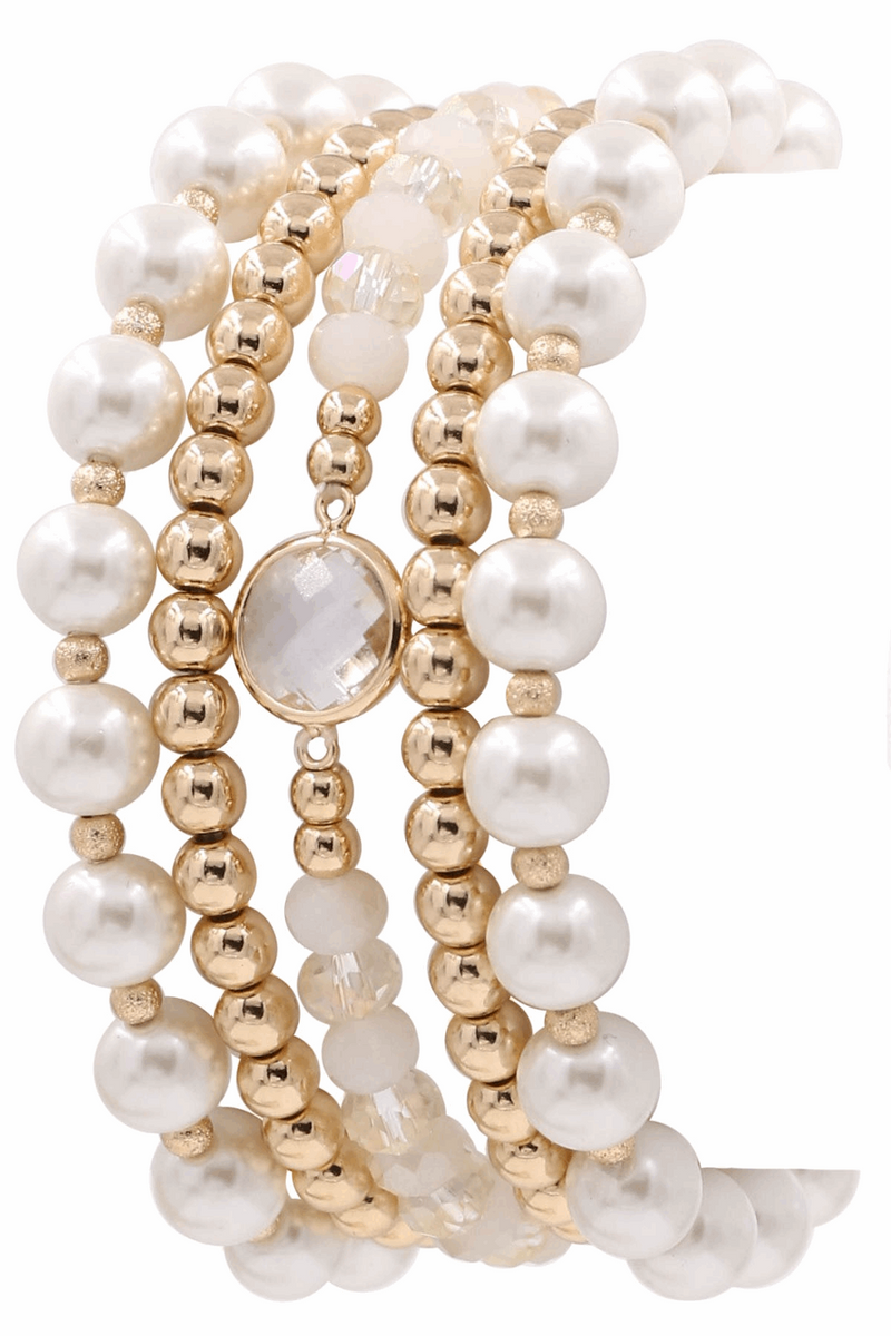 Cream Pearl Stretch Bracelet Set-Gold