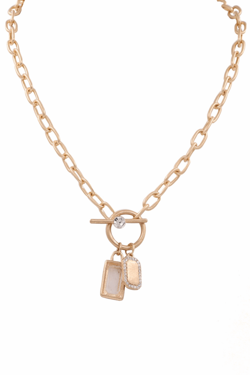 Metal Chain Glass Jewel Pendant Necklace-Gold