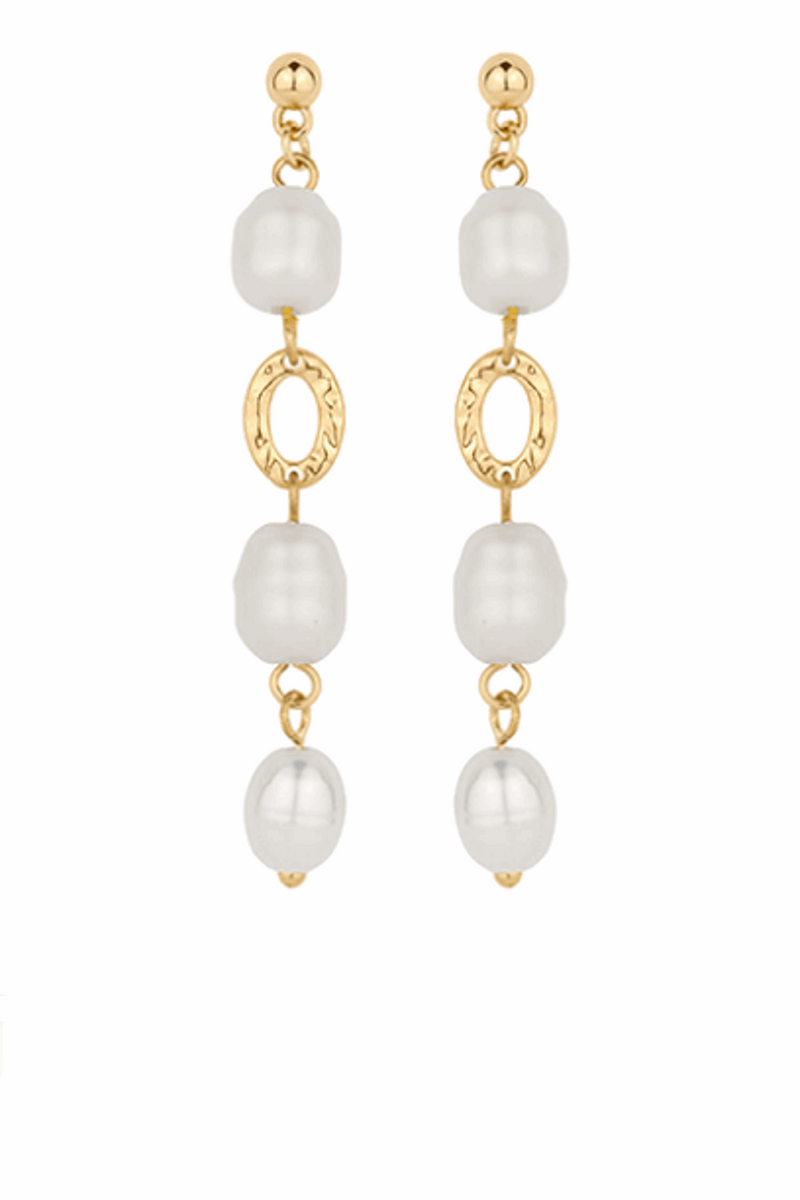 Oval Pearl & Metal Link Drop Earrings-Cream/Gold