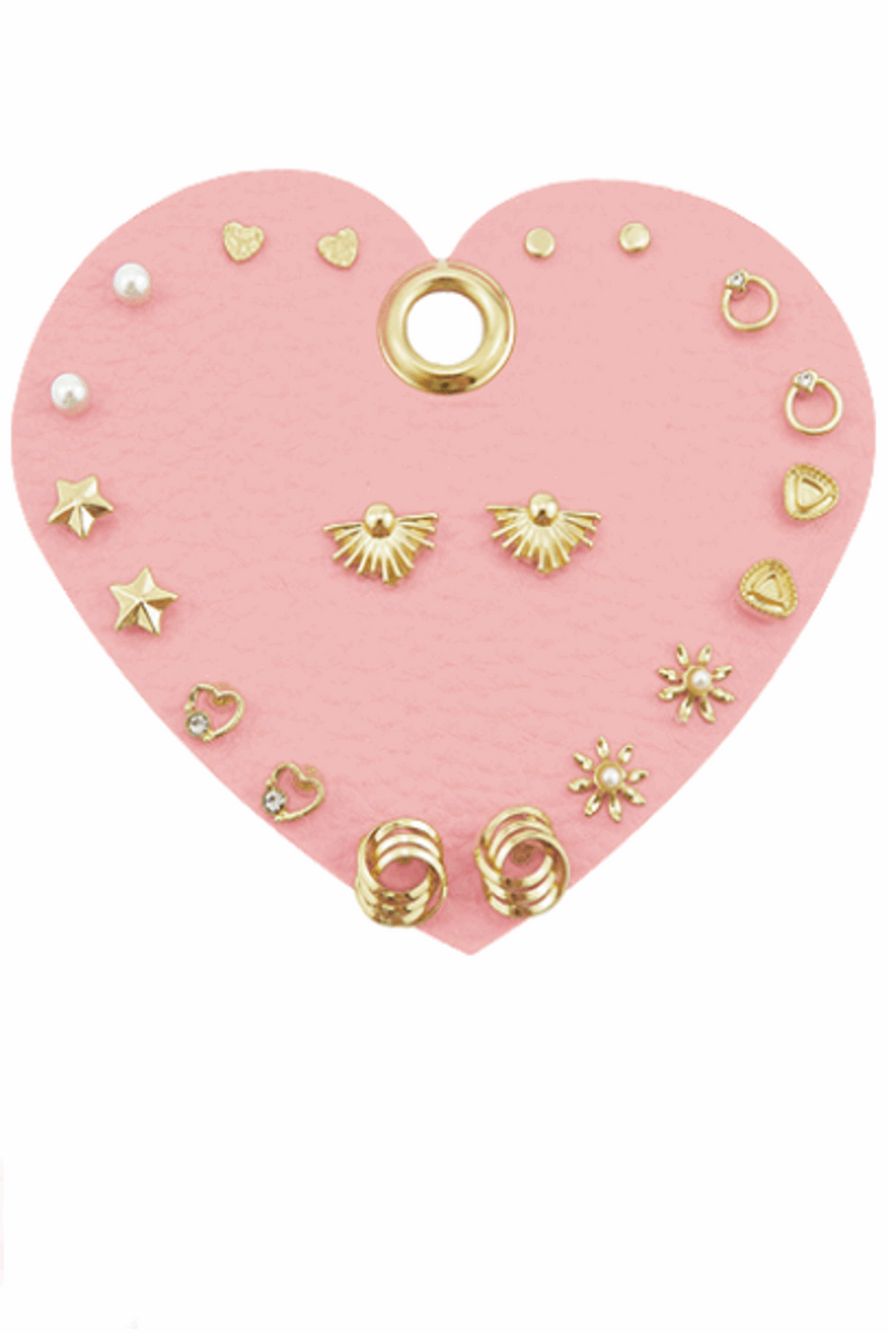 Heart & Star 10 Pair Studs Set-Crame/Gold