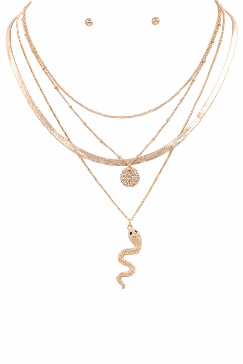 Layered metal chain snake pendant necklace set -Gold