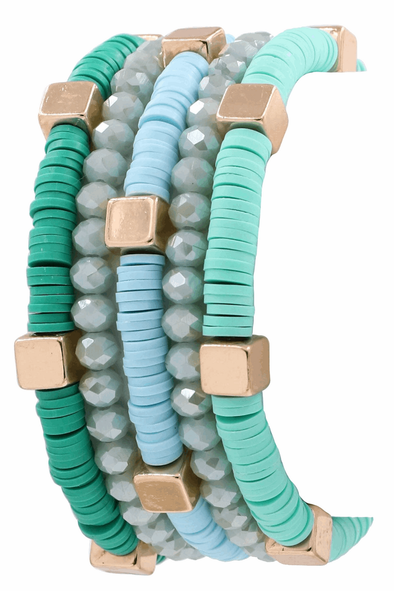 Faceted Bead Rubber Bead Bracelet Set-Turquoise