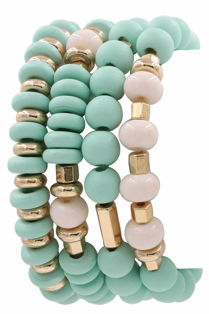 Assorted Wood Bead Stretch Bracelet Set-Mint