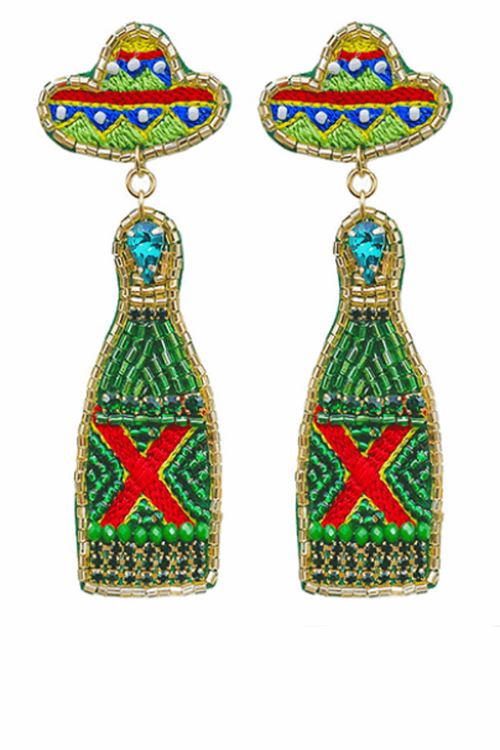 Beaded Sombrero & Bottle Earrings-Green