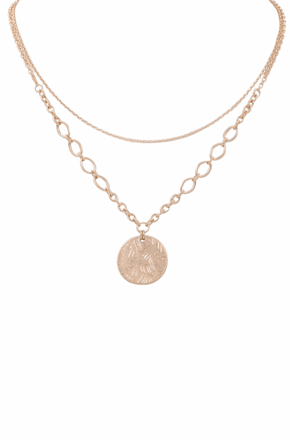 Metal Disc Pendant Layered Chain Necklace-Worn Gold