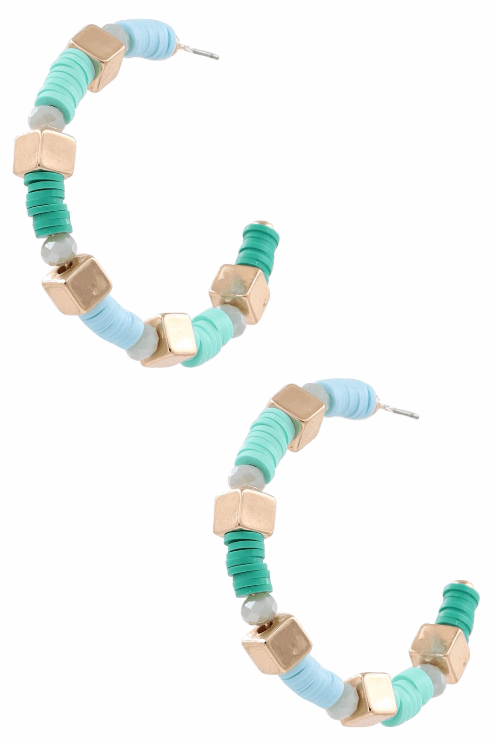 Rubber Square Bead Open Hoop Earrings-Turquoise