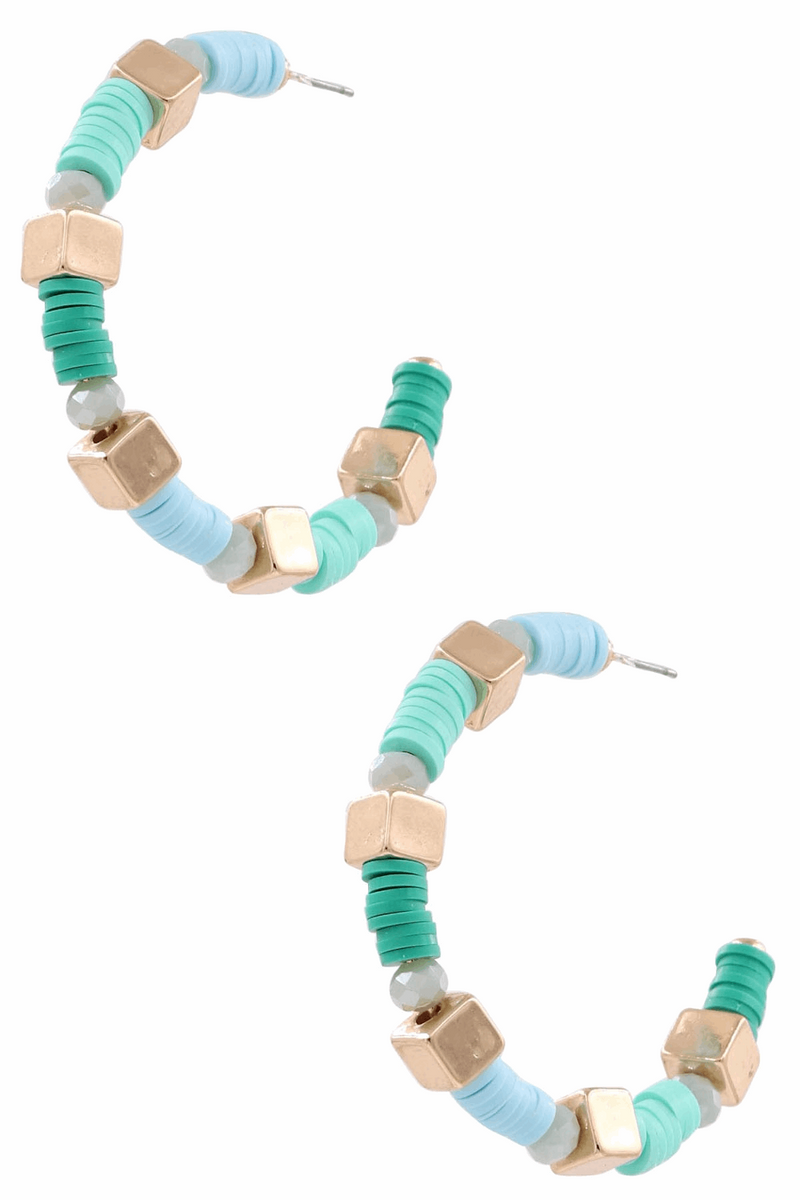 Rubber Square Bead Open Hoop Earrings-Turquoise