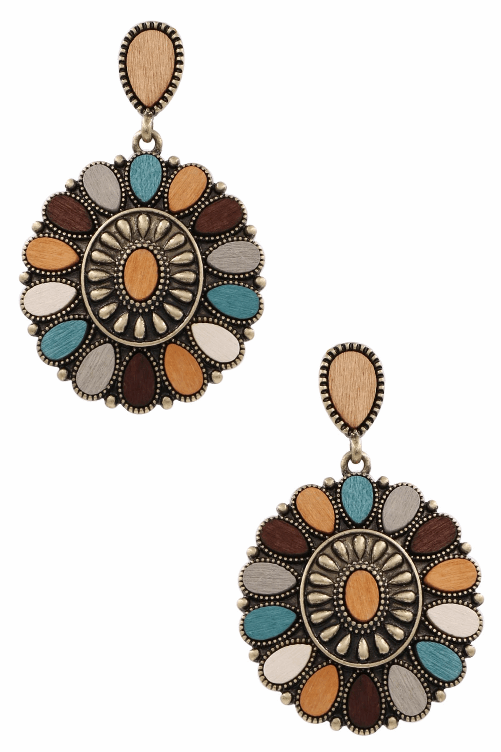Metal Shield Wood Floral Earrings-Multi