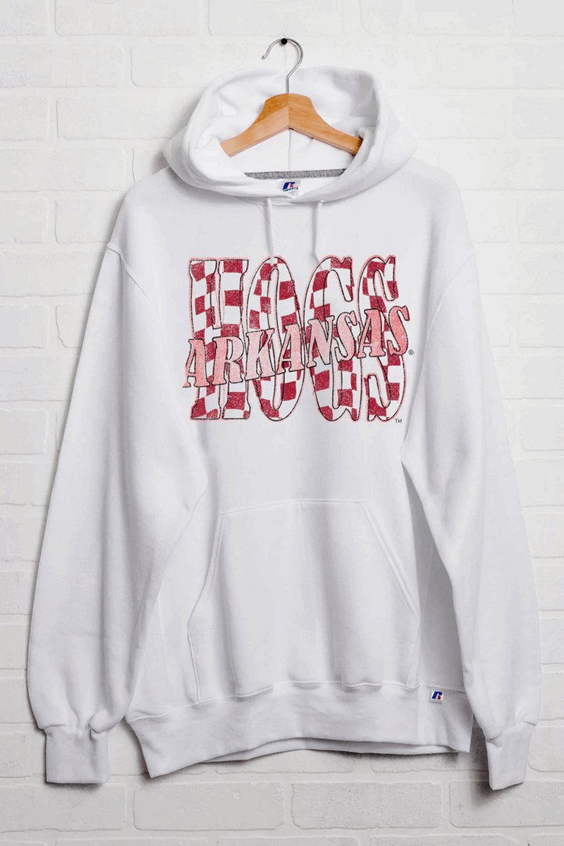 LivyLu-Arkansas Razorbacks Hogs Twisted Check Russel Hoodie-White