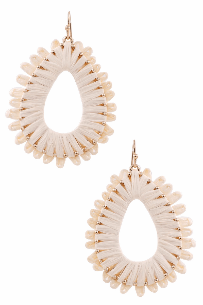 Paper Rafia Teardrop Dangle Earrings-Beige