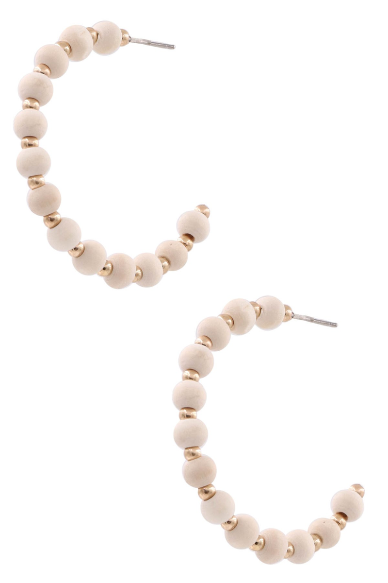 Wood Bead Metal Open Hoop Earrings-White