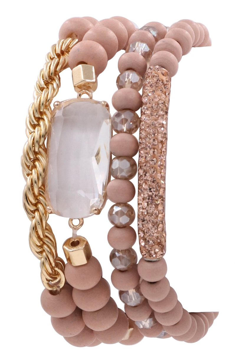 Wood Bead Glass Jewel Stretch Bracelet Set- Rose