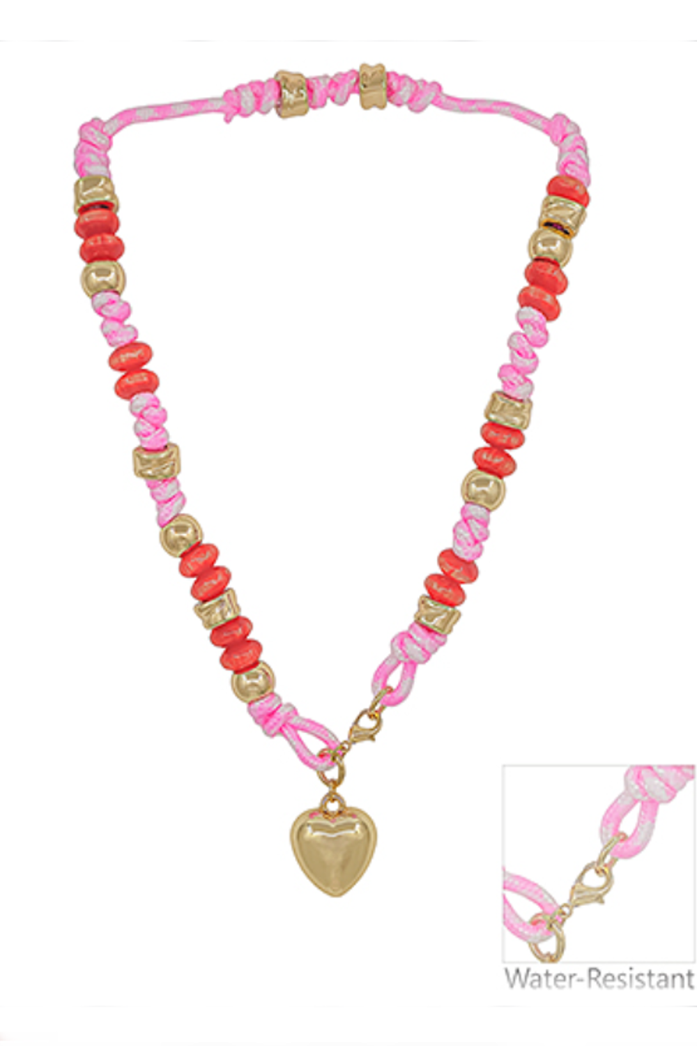 Puffy Heart & Candy Bead Cord Necklace-Red/Pink