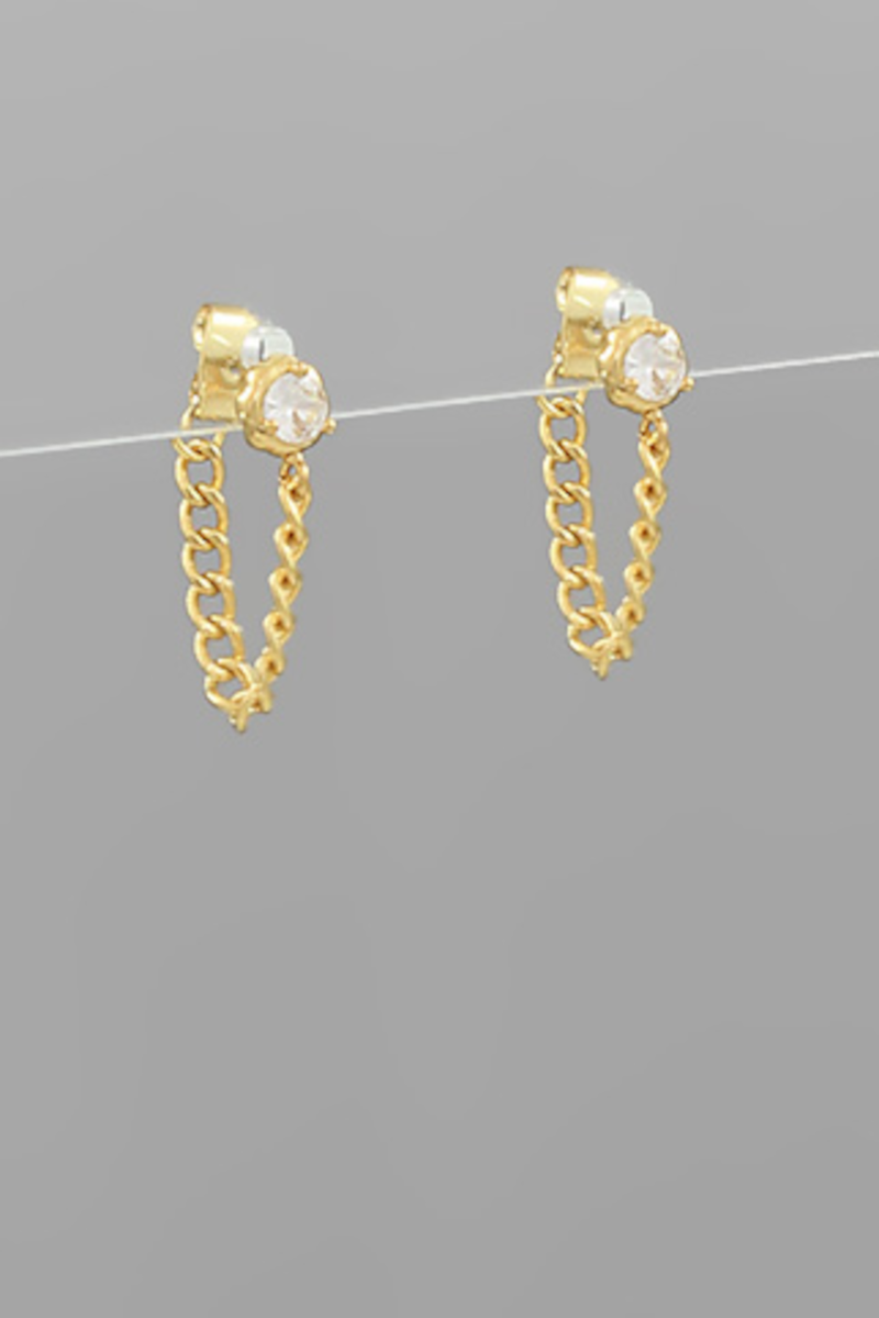 CZ & Chain Drop Earrings- Gold