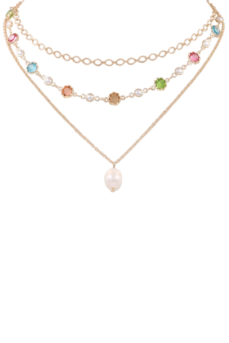Metal Chain Pearl Pendant Layered Necklace -Multi