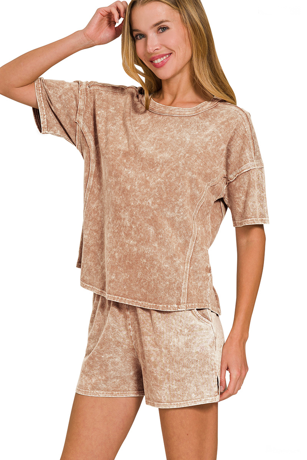 Zenana-Halo Snow Washed Short Sleeve Tee And Shorts Set