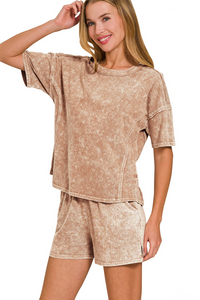 Zenana-Halo Snow Washed Short Sleeve Tee And Shorts Set