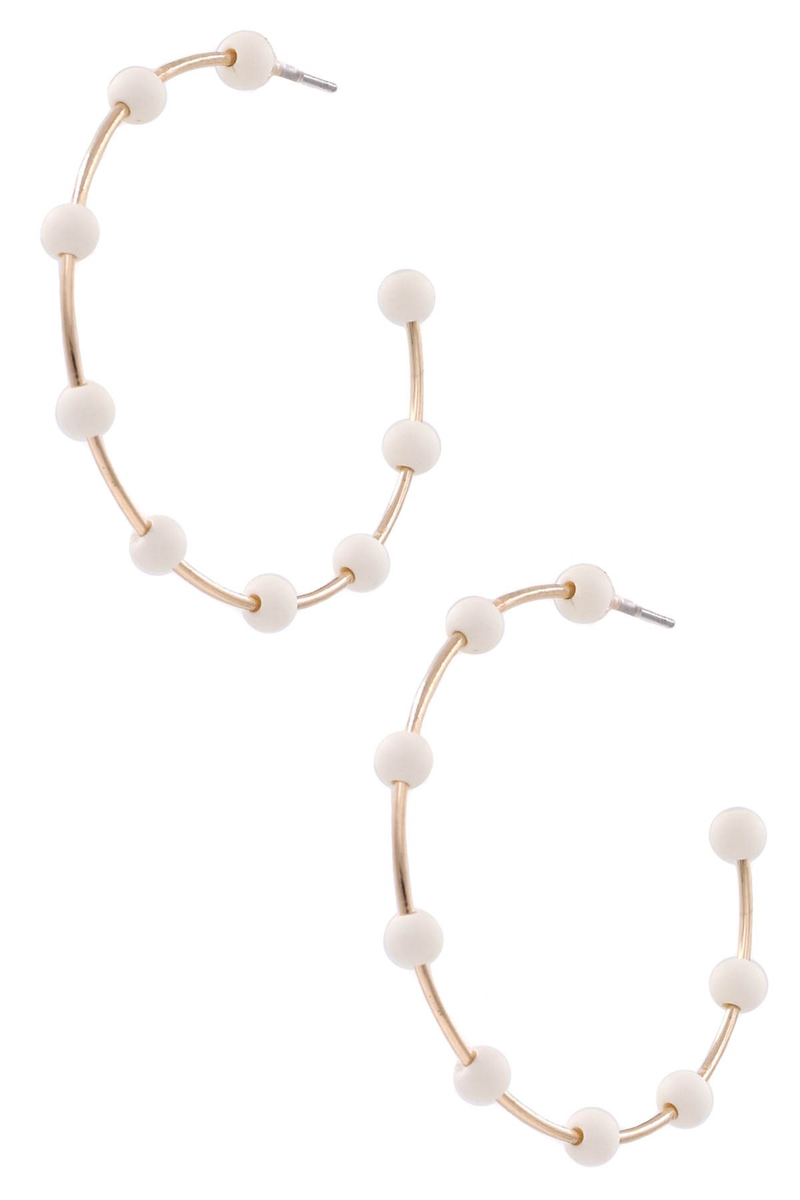 Metal Open Hoop Wood Bead Earrings-White